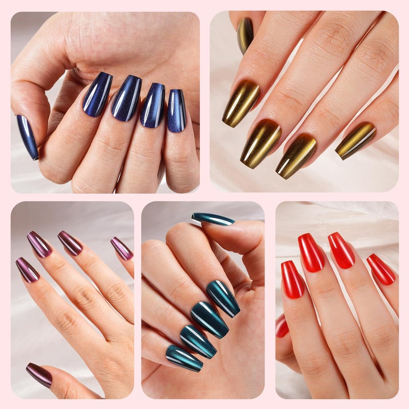 Plauva 150Pcs Cat Eye Press on Nails, Short Coffin Fake Nails, Glossy Glitter Cat Eye Nail Tips, Soft Gel Stick On Nails for Women and Girls 15 Sizes - Image 4